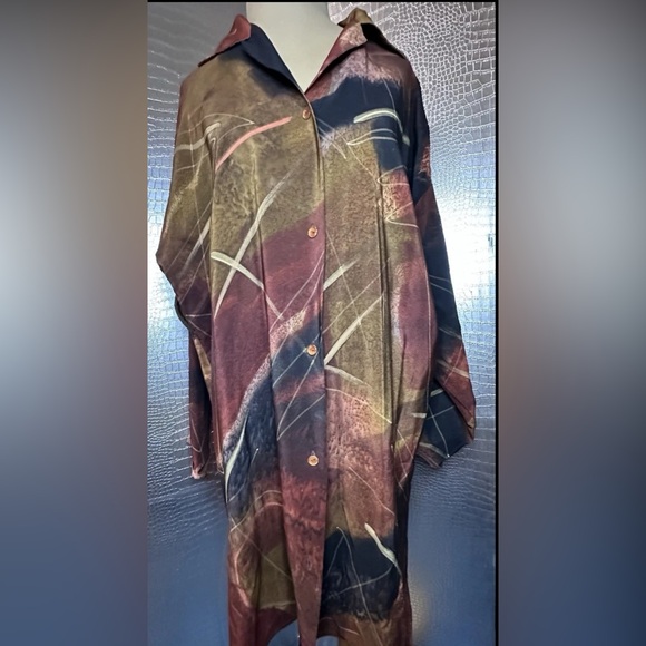 Kay Chapman 100% Silk Abstract Blue Brown Button Shirt Dress Blouse Size Small - Picture 1 of 5